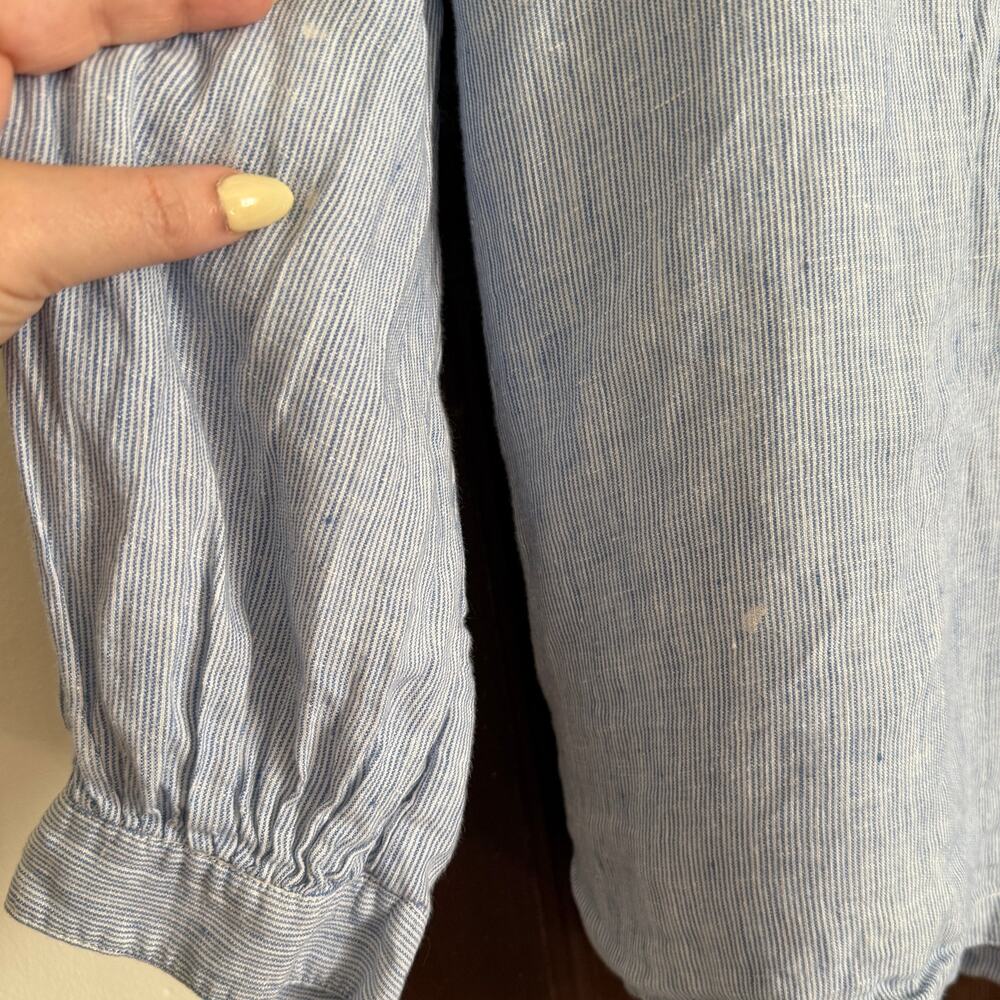 MUJI | Blue and White Striped Linen Boho Boxy Blouson Top | Medium \ Large - Picture 6 of 6
